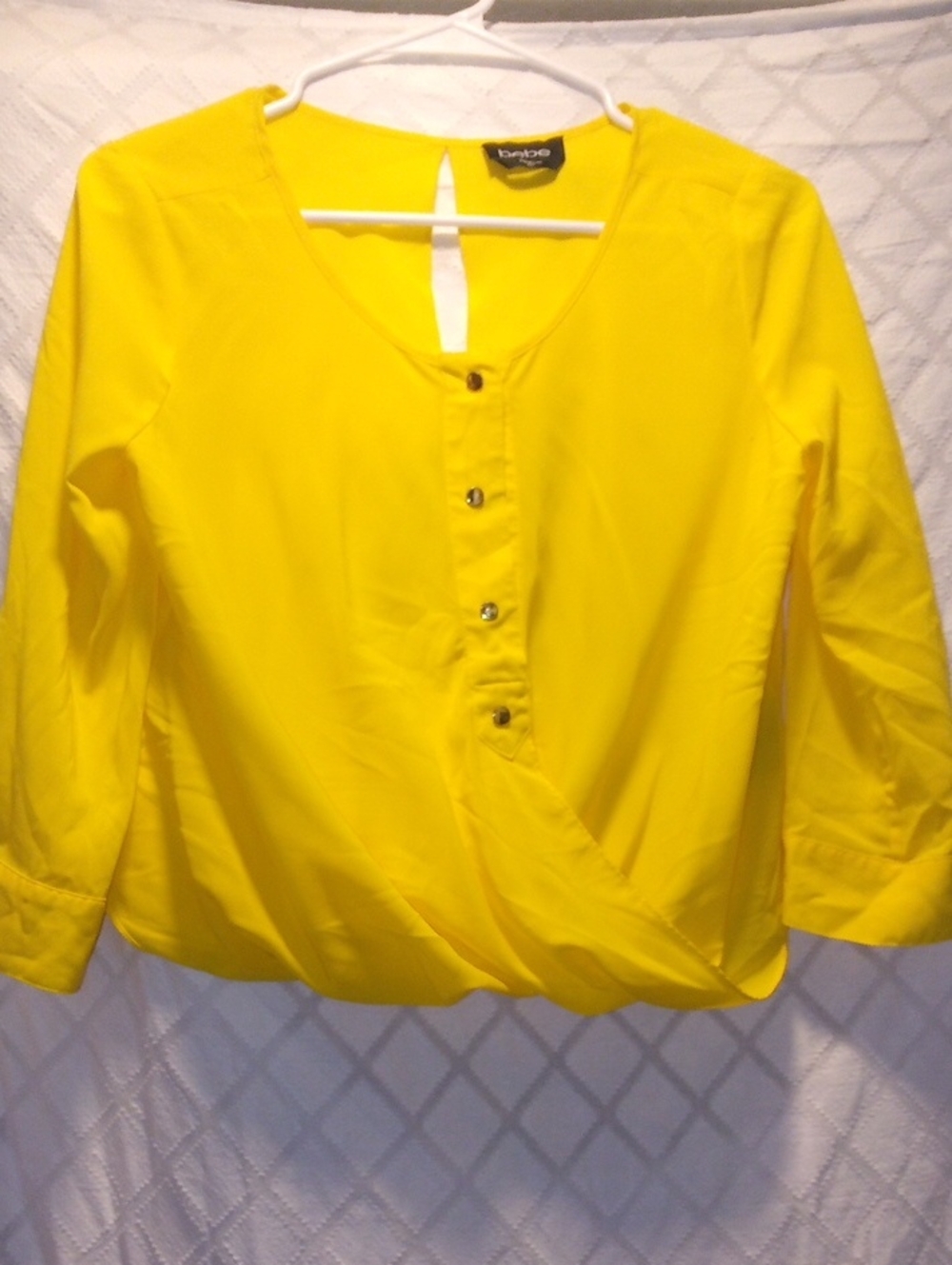 bebe Bright Yellow Button-Front Faux Wrap Blouse